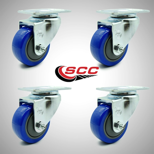 3 Inch SS Blue Polyurethane Wheel Swivel Top Plate Caster Set